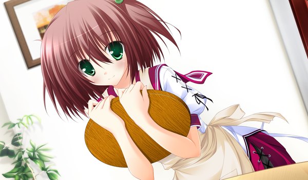 Anime picture 1024x600 with sora to kumo to kimi no koi blush short hair wide image green eyes game cg red hair girl apron tray