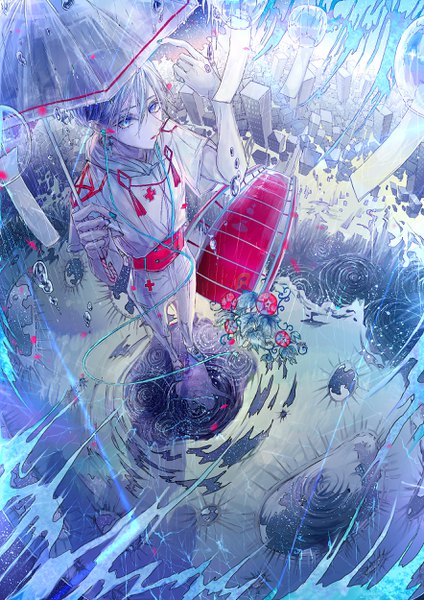 Anime picture 1768x2500 with original sasame20 single tall image looking at viewer fringe highres short hair blue eyes hair between eyes standing silver hair full body from above city reflection rain cityscape pale skin ripples
