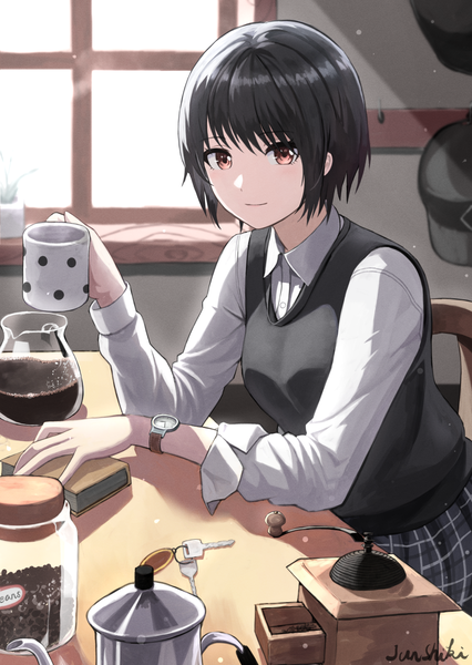 Anime picture 1300x1830 with original junshiki single tall image looking at viewer blush fringe short hair black hair sitting holding brown eyes signed upper body indoors light smile sunlight twisty sleeves girl shirt