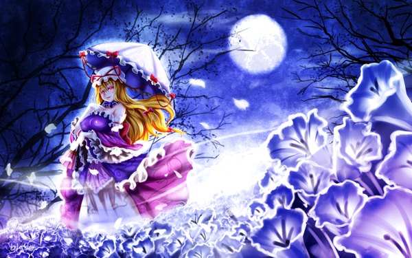 Anime picture 1400x875 with touhou yakumo yukari qblade (artist) single long hair blonde hair red eyes wide image night girl dress flower (flowers) plant (plants) petals tree (trees) moon umbrella full moon