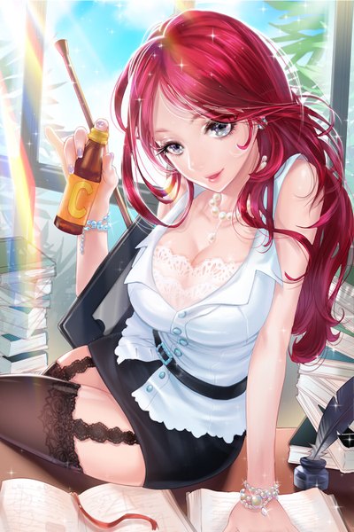Anime picture 1000x1500 with sword girls kkmi single long hair tall image looking at viewer breasts light erotic smile large breasts sitting holding sky cloud (clouds) red hair indoors nail polish parted lips fingernails lips