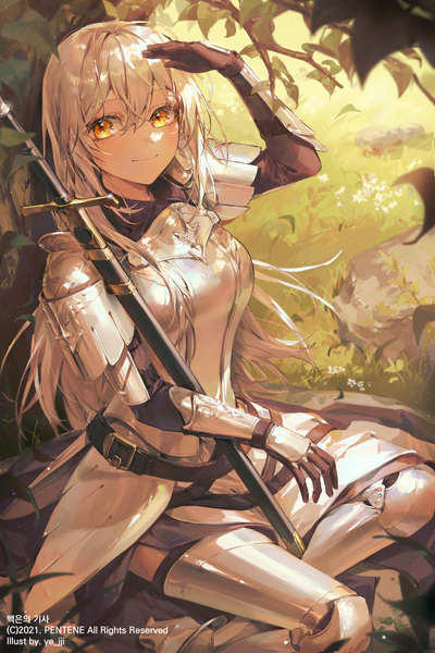 Anime picture 1000x1500 with original kellymonica02 single long hair tall image looking at viewer fringe smile hair between eyes sitting signed yellow eyes outdoors white hair arm up from above sheathed yokozuwari salute against tree