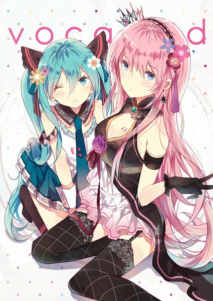 Anime picture 777x1098 with vocaloid hatsune miku megurine luka domotolain long hair tall image looking at viewer blush blue eyes twintails bare shoulders multiple girls pink hair one eye closed hair flower wink aqua hair girl thighhighs dress
