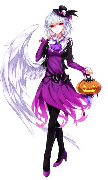 Anime picture 1500x2500 with touhou kishin sagume sheya single tall image short hair simple background red eyes standing white background silver hair full body long sleeves high heels halloween white wings single wing girl dress hair ornament