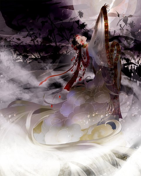 Anime picture 1204x1500 with original kibi (pixiv298748) tall image looking at viewer traditional clothes japanese clothes eyeshadow makeup dancing hair ornament flower (flowers) ribbon (ribbons) kimono