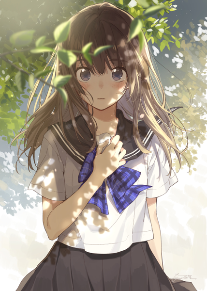 Anime-Bild 592x828 mit original buuta single long hair tall image looking at viewer blush brown hair purple eyes holding signed upper body pleated skirt wind sunlight blurry short sleeves depth of field hand on chest plaid