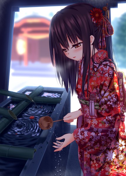 Anime picture 888x1243 with original nazu-na single long hair tall image blush black hair yellow eyes traditional clothes japanese clothes new year girl hair ornament water kimono obi shrine