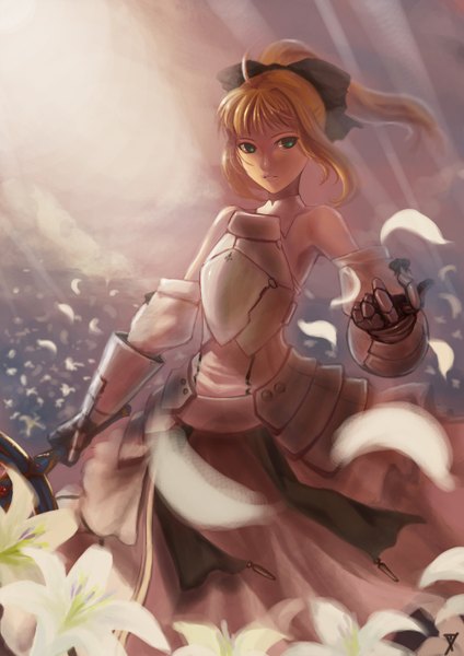 Anime picture 1000x1414 with fate (series) fate/stay night studio deen type-moon artoria pendragon (all) saber saber lily charimei single tall image fringe blonde hair bare shoulders girl dress gloves flower (flowers) bow weapon hair bow