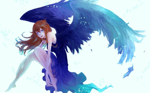 Anime picture 1680x1050 with original single long hair looking at viewer open mouth blue eyes simple background smile brown hair wide image sitting no shoes angel wings black wings girl dress wings feather (feathers) blue dress