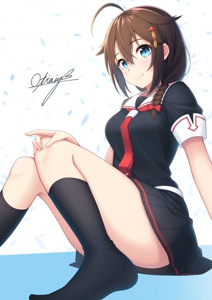 Anime picture 2508x3541 with kantai collection shigure destroyer ochiai miyabi single long hair tall image looking at viewer fringe highres blue eyes simple background smile hair between eyes brown hair sitting signed ahoge braid (braids) short sleeves no shoes