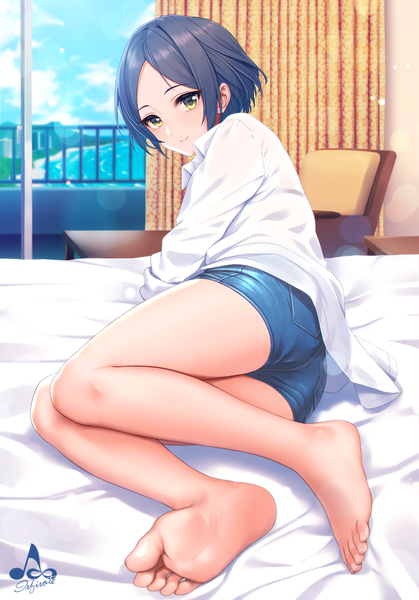 Anime picture 1118x1600 with idolmaster idolmaster cinderella girls hayami kanade infinote single tall image looking at viewer fringe short hair light erotic smile signed yellow eyes payot blue hair full body bent knee (knees) indoors looking back barefoot