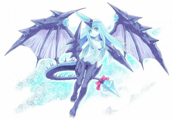 Anime picture 1280x903 with phantasy star online sakuganki long hair light erotic tail horn (horns) aqua eyes aqua hair flat chest demon girl monster girl girl wings