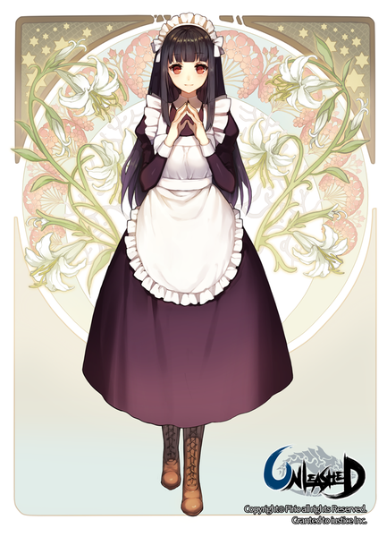 Anime picture 768x1063 with unleashed khj single long hair tall image looking at viewer fringe black hair smile red eyes inscription maid walking fingers together girl dress uniform flower (flowers) headdress star (symbol)