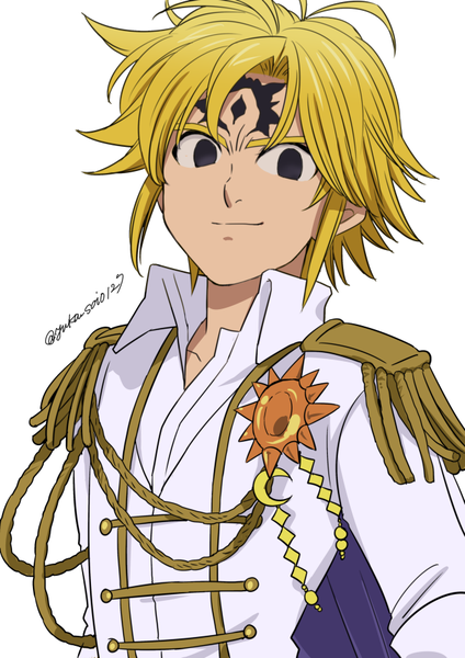 Anime picture 650x919 with nanatsu no taizai a-1 pictures meliodas harumiya single tall image looking at viewer short hair simple background blonde hair smile white background signed upper body ahoge black eyes forehead mark evil grin dark persona boy