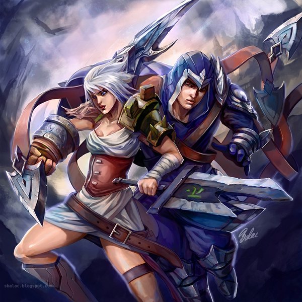 Anime picture 1040x1040 with league of legends riven (league of legends) talon (league of legends) short hair blue eyes white hair girl boy weapon sword armor hood cloak bandage (bandages)