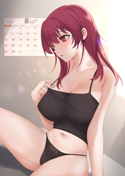 Anime picture 1069x1500 with virtual youtuber hololive houshou marine ompf single long hair tall image blush fringe breasts open mouth light erotic hair between eyes red eyes large breasts sitting yellow eyes looking away cleavage red hair