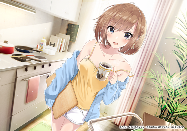 Anime picture 2500x1758 with original shiokazunoko single looking at viewer blush fringe highres short hair breasts open mouth blue eyes smile brown hair standing bare shoulders holding indoors :d off shoulder open clothes