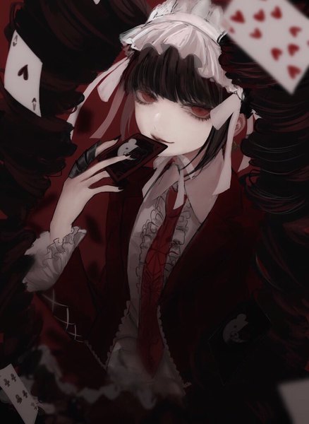 Anime picture 748x1024 with dangan ronpa celestia ludenberg akadukiduki single long hair tall image looking at viewer fringe black hair simple background smile red eyes twintails holding payot upper body blunt bangs nail polish fingernails blurry