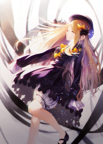 Anime picture 1024x1440 with fate (series) fate/grand order abigail williams (fate) neiless neiro single long hair tall image fringe open mouth simple background blonde hair payot eyes closed hands in sleeves girl dress bow hair bow hat shoes