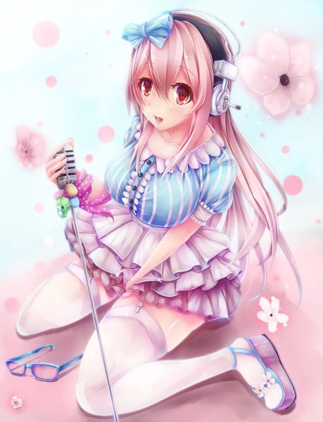 Anime picture 1065x1391 with nitroplus super sonico sawa nao single long hair tall image looking at viewer blush open mouth red eyes pink hair girl thighhighs dress flower (flowers) white thighhighs glasses microphone stand