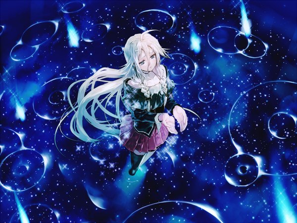Anime picture 1400x1050 with vocaloid ia (vocaloid) bob (biyonbiyon) single long hair blue eyes bare shoulders looking away white hair braid (braids) pleated skirt from above night twin braids reflection sad ripples girl thighhighs skirt