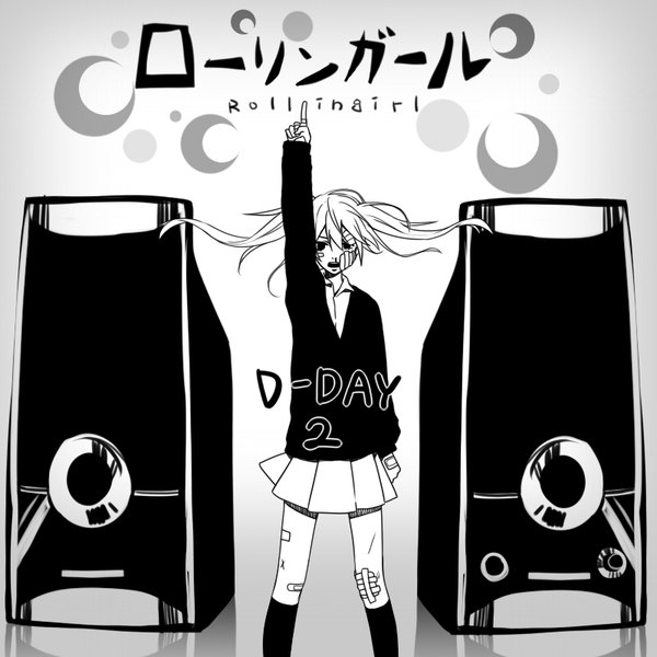 Anime picture 800x800 with vocaloid rolling girl (vocaloid) hatsune miku asd13 single long hair fringe hair between eyes standing twintails pleated skirt arm up floating hair monochrome bandaid on face bandaid on leg bandaid on knee girl skirt uniform
