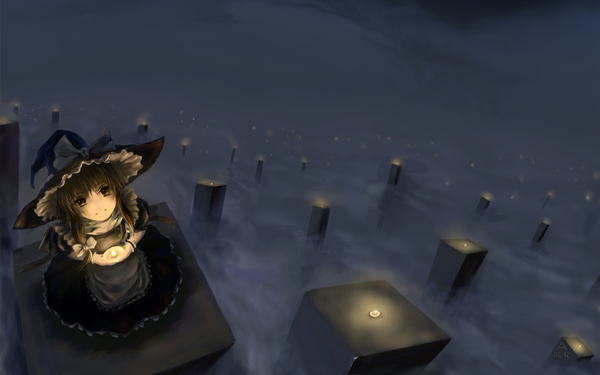 Anime picture 1680x1050 with touhou kirisame marisa archlich single long hair blonde hair wide image brown eyes outdoors from above looking up fog girl bow hair bow hat witch hat candle (candles) pillar column