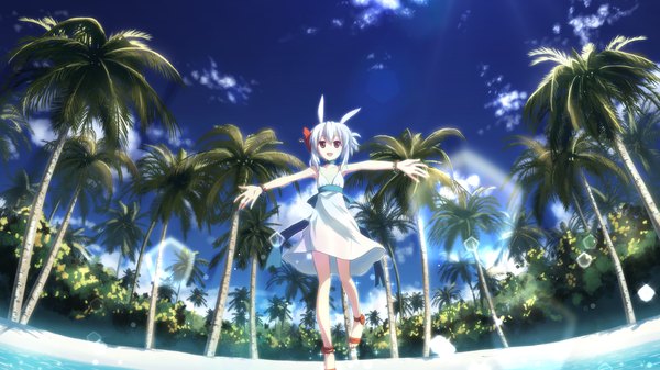 Anime picture 3840x2160 with dj max suee yuuki tatsuya single highres short hair open mouth red eyes wide image animal ears absurdres sky cloud (clouds) white hair hair flower beach girl hair ornament plant (plants) tree (trees)