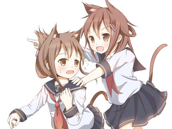 Anime picture 1600x1200 with kantai collection inazuma destroyer ikazuchi destroyer yukishiro arute short hair open mouth simple background brown hair white background multiple girls animal ears looking away tail long sleeves animal tail pleated skirt cat ears cat girl cat tail pointing