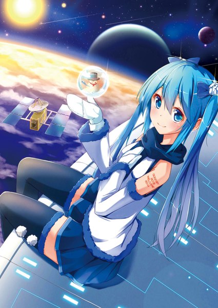 Anime picture 637x900 with vocaloid hatsune miku yuki miku ok-ray single long hair tall image looking at viewer blush blue eyes twintails blue hair cloud (clouds) pleated skirt multicolored hair light smile tattoo hand on chest gradient hair space