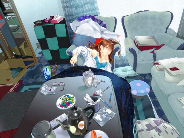 Anime picture 1584x1188 with original 8yada8 single long hair blush light erotic brown hair cleavage lying eyes closed open clothes open shirt sleeping girl glasses food window curtains couch armchair