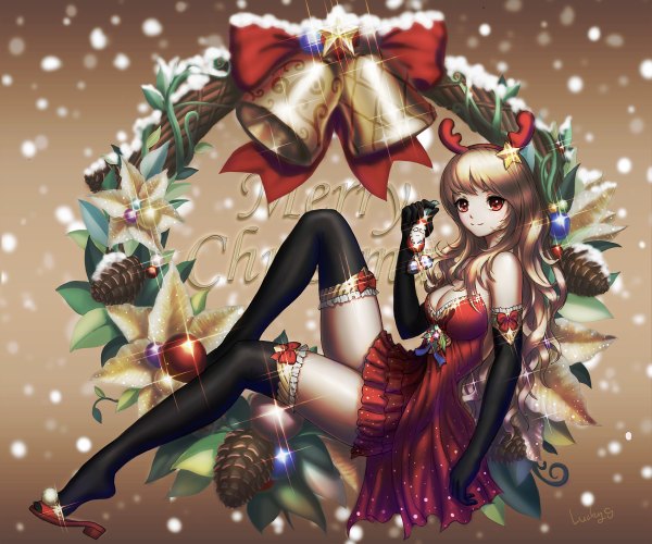 Anime picture 1200x1000 with original lucky9 single long hair looking at viewer blonde hair red eyes snowing christmas snow shiny merry christmas girl thighhighs dress gloves hair ornament black thighhighs elbow gloves star (symbol)