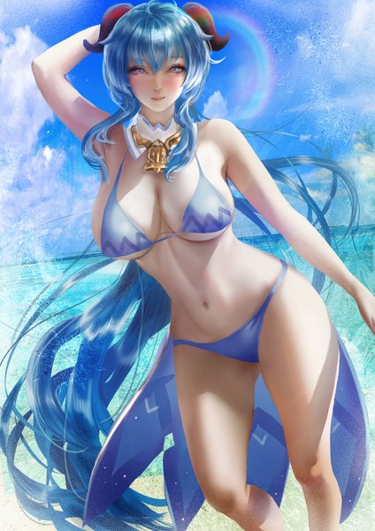 Anime picture 2475x3500 with genshin impact ganyu (genshin impact) donyta single tall image looking at viewer blush fringe highres breasts light erotic hair between eyes large breasts standing purple eyes payot blue hair sky cleavage cloud (clouds)