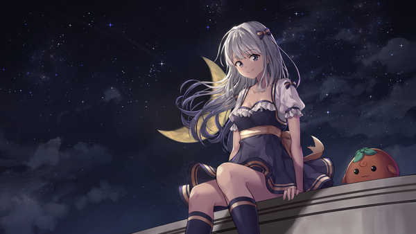 Anime picture 5333x3000 with original saemoy single long hair looking at viewer fringe highres smile wide image sitting purple eyes absurdres silver hair cloud (clouds) outdoors blunt bangs wind night night sky crescent