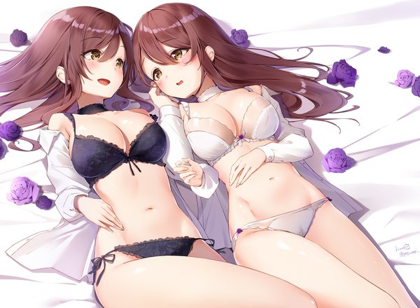 Anime picture 3585x2631 with idolmaster idolmaster shiny colors oosaki amana oosaki tenka kinako (shiratama mochi) long hair blush fringe highres breasts open mouth light erotic hair between eyes brown hair large breasts multiple girls signed yellow eyes absurdres lying