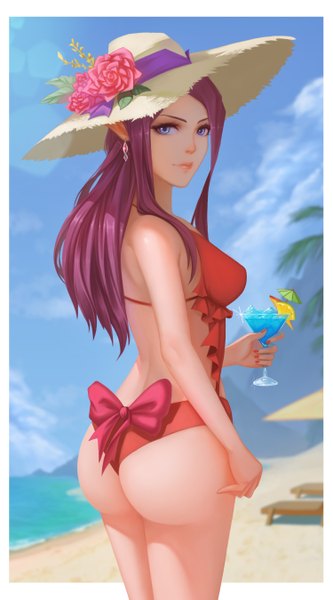 Anime picture 1500x2700 with macross macross delta mirage farina jenius ousang single long hair tall image looking at viewer blue eyes light erotic purple hair ass pointy ears girl flower (flowers) swimsuit hat one-piece swimsuit drink