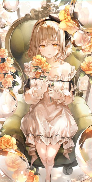 Anime picture 648x1280 with original unity (ekvmsp02) single tall image looking at viewer blush fringe short hair open mouth hair between eyes brown hair sitting bare shoulders holding signed full body long sleeves from above off shoulder orange eyes