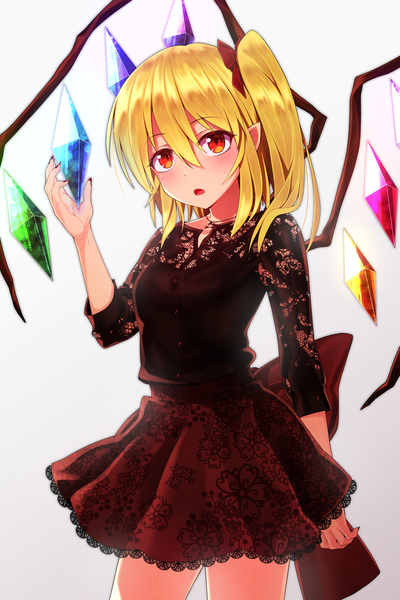 Anime picture 2400x3600 with touhou flandre scarlet greenkohgen single tall image fringe highres short hair open mouth simple background blonde hair hair between eyes red eyes pointy ears alternate costume one side up girl skirt wings crystal