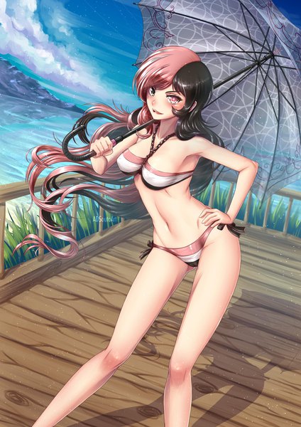 Anime picture 1240x1754 with rwby rooster teeth neopolitan (rwby) adsouto single long hair tall image looking at viewer blush fringe breasts open mouth light erotic black hair standing bare shoulders holding signed payot pink hair