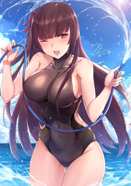 Anime picture 2422x3447 with girls frontline wa2000 (girls frontline) zhishi ge fangzhang single long hair tall image looking at viewer blush fringe highres breasts open mouth light erotic red eyes brown hair large breasts standing bare shoulders holding signed