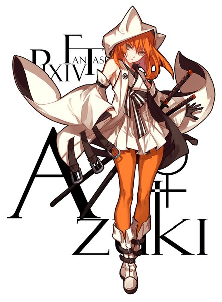 Anime picture 737x1000 with original pixiv fantasia pixiv fantasia t skade single tall image looking at viewer fringe short hair simple background hair between eyes standing white background animal ears full body head tilt cat ears orange hair open clothes wide sleeves