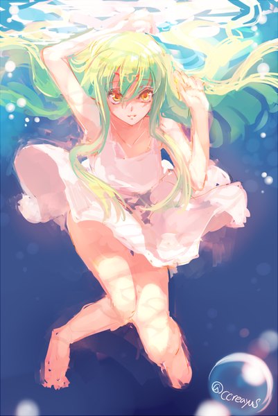 Anime picture 600x897 with code geass sunrise (studio) c.c. creayus single long hair tall image looking at viewer bare shoulders signed yellow eyes barefoot green hair underwater girl dress white dress sundress bubble (bubbles)