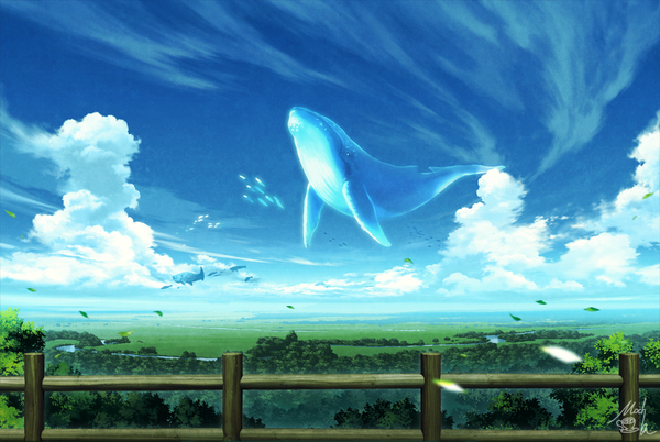 Anime picture 1000x670 with original mocha (cotton) signed sky cloud (clouds) wind horizon no people landscape fantasy scenic river plant (plants) animal tree (trees) fish (fishes) railing whale