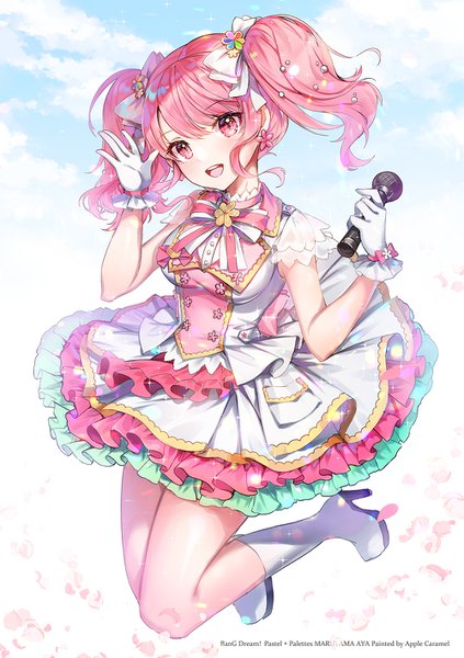 Anime picture 1000x1417 with bang dream! maruyama aya apple caramel single tall image looking at viewer blush fringe short hair open mouth smile hair between eyes white background twintails holding signed pink hair sky cloud (clouds) full body