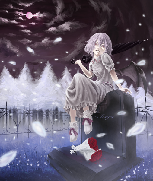 Anime picture 1200x1419 with touhou remilia scarlet akaikitsune single tall image short hair sitting cloud (clouds) full body grey hair closed umbrella girl plant (plants) wings tree (trees) moon umbrella bouquet tombstone