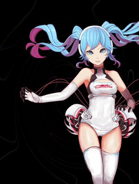 Anime picture 866x1141 with vocaloid goodsmile racing hatsune miku racing miku racing miku (2014) aurum saki single long hair tall image looking at viewer fringe open mouth blue eyes simple background standing twintails bare shoulders blue hair pink hair multicolored hair