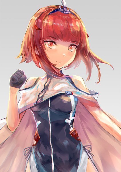 Anime picture 900x1277 with azur lane birmingham (azur lane) mg42cat-k1ng single tall image looking at viewer fringe short hair simple background red eyes upper body red hair blunt bangs grey background girl gloves black gloves headband fist