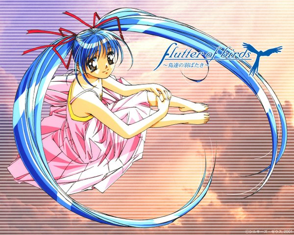 Anime picture 1280x1024 with flutter of birds rikatou me single looking at viewer sitting twintails bare shoulders brown eyes blue hair full body very long hair barefoot from above wallpaper copyright name girl dress ribbon (ribbons) hair ribbon sundress