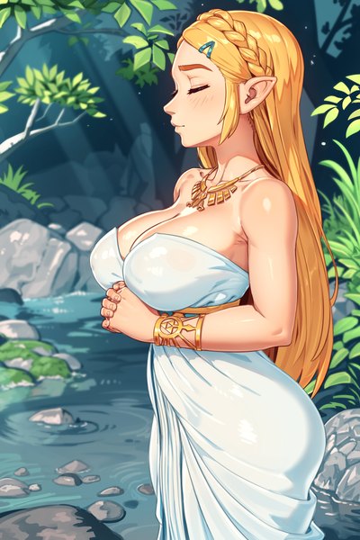 Anime picture 2400x3600 with the legend of zelda the legend of zelda: breath of the wild nintendo princess zelda nikita varb single long hair tall image fringe highres breasts light erotic blonde hair large breasts standing bare shoulders outdoors braid (braids) profile pointy ears