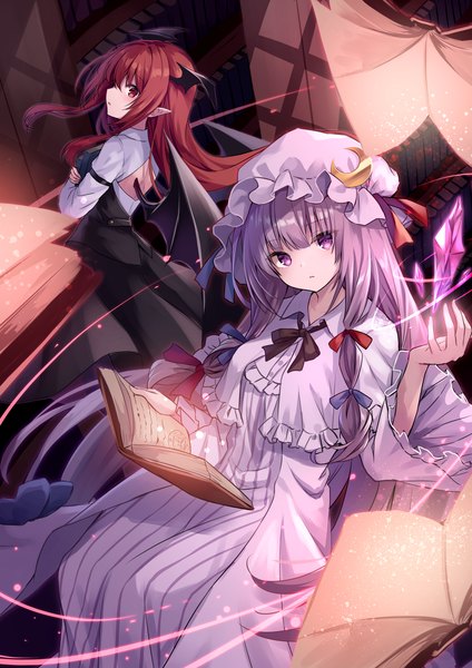 Anime picture 2894x4093 with touhou patchouli knowledge koakuma kure~pu long hair tall image looking at viewer highres red eyes purple eyes multiple girls purple hair red hair profile pointy ears head wings demon wings tress ribbon girl ribbon (ribbons)